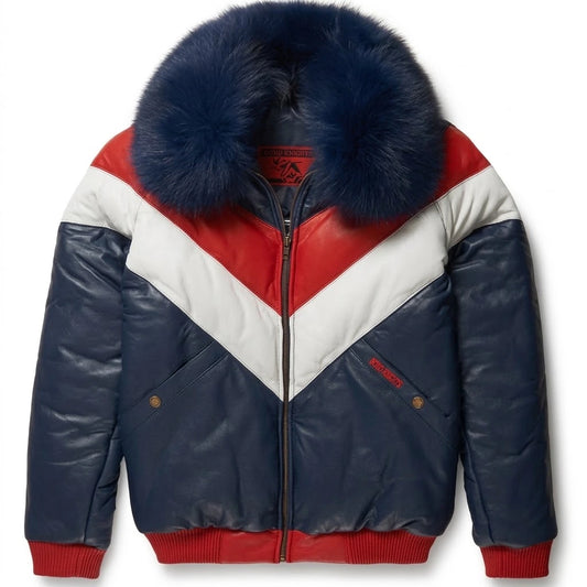 Blue Fur Two Tone Leather V Bomber Jacket with red and white chevron stripes front view