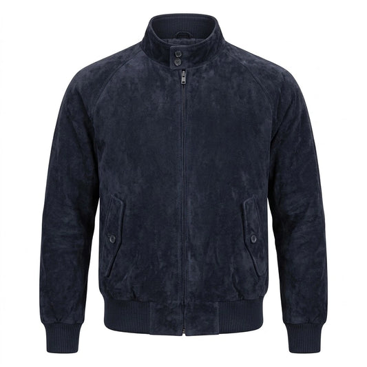 Bravo Bros Admiral Navy Blue Suede Leather Bomber Jacket front view with button collar