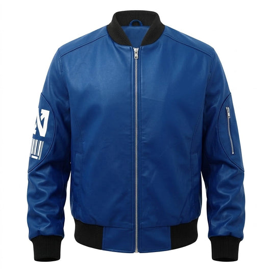 Bravo Bros Men’s 8 Ball Blue Leather Bomber Jacket front view with zip closure