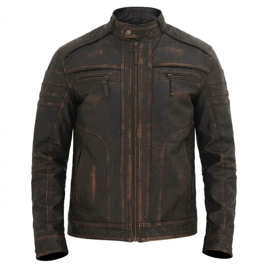 Bravo Bros Men’s Distressed Brown Cafe Racer Jacket front view with snap tab collar