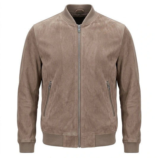 Bravo Bros Rolf Grey Suede Leather Bomber Jacket front view with zip closure