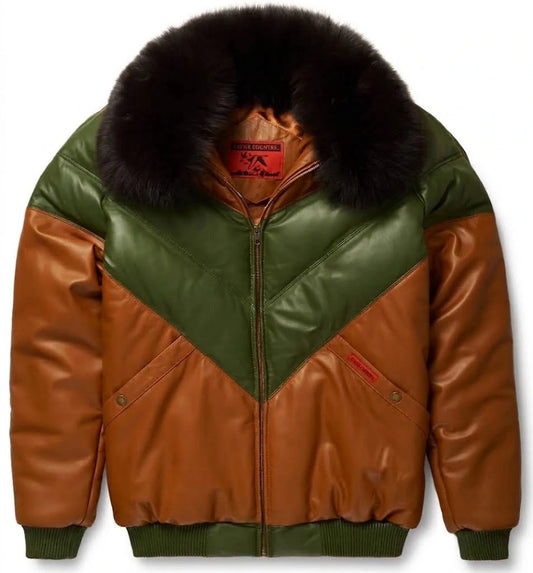 Brown and Green Leather V-Bomber Jacket with dark fur collar front view