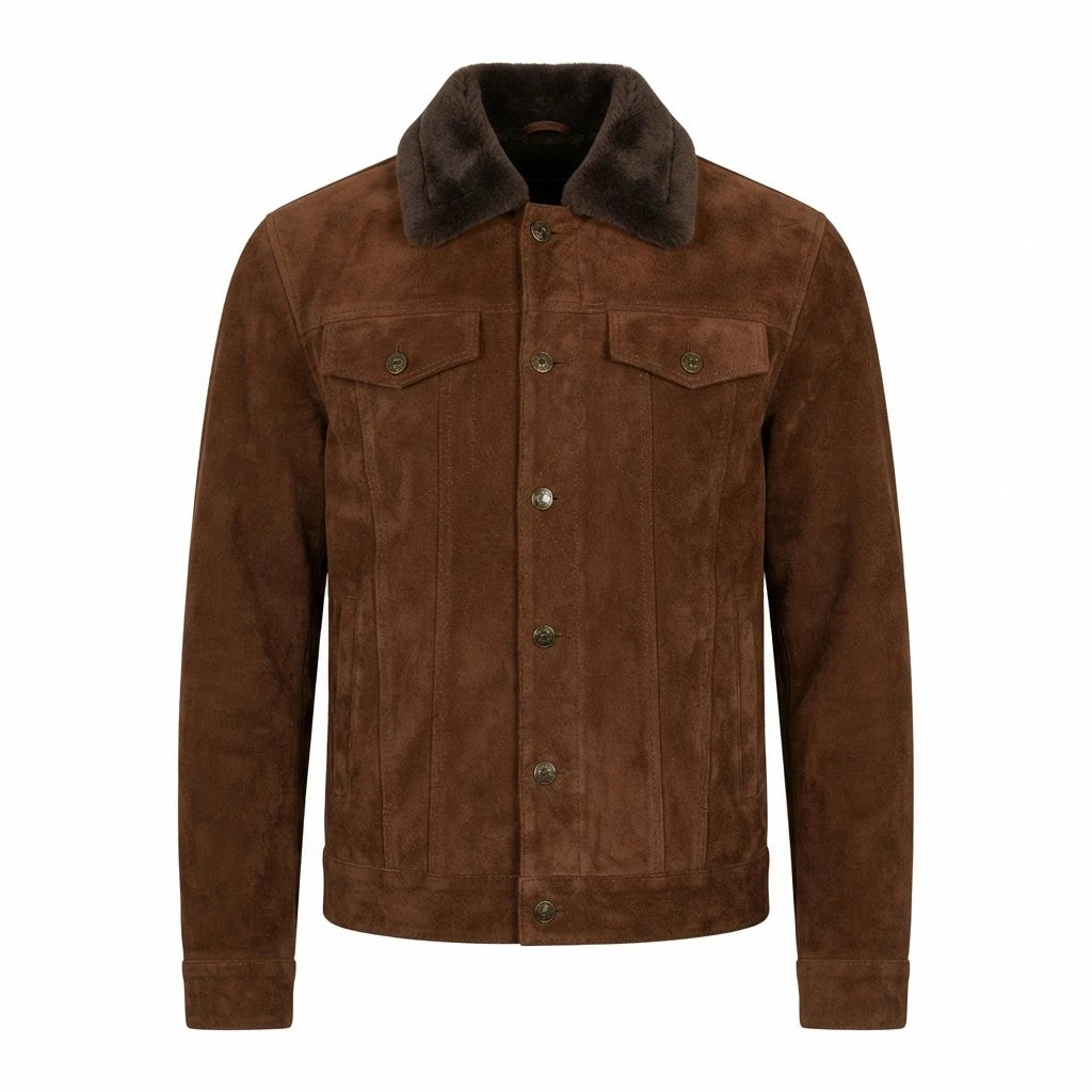 Brown Suede Shearling Trucker Jacket front view featuring genuine brown suede, contrast dark shearling collar, button front, and chest flap pockets