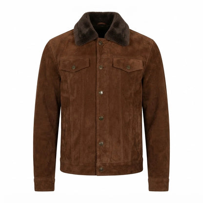 Brown Suede Shearling Trucker Jacket front view featuring genuine brown suede, contrast dark shearling collar, button front, and chest flap pockets