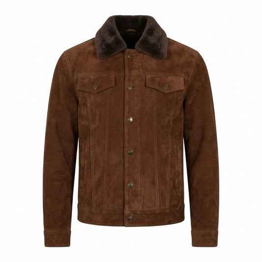 Brown Suede Shearling Trucker Jacket front view featuring genuine brown suede, contrast dark shearling collar, button front, and chest flap pockets