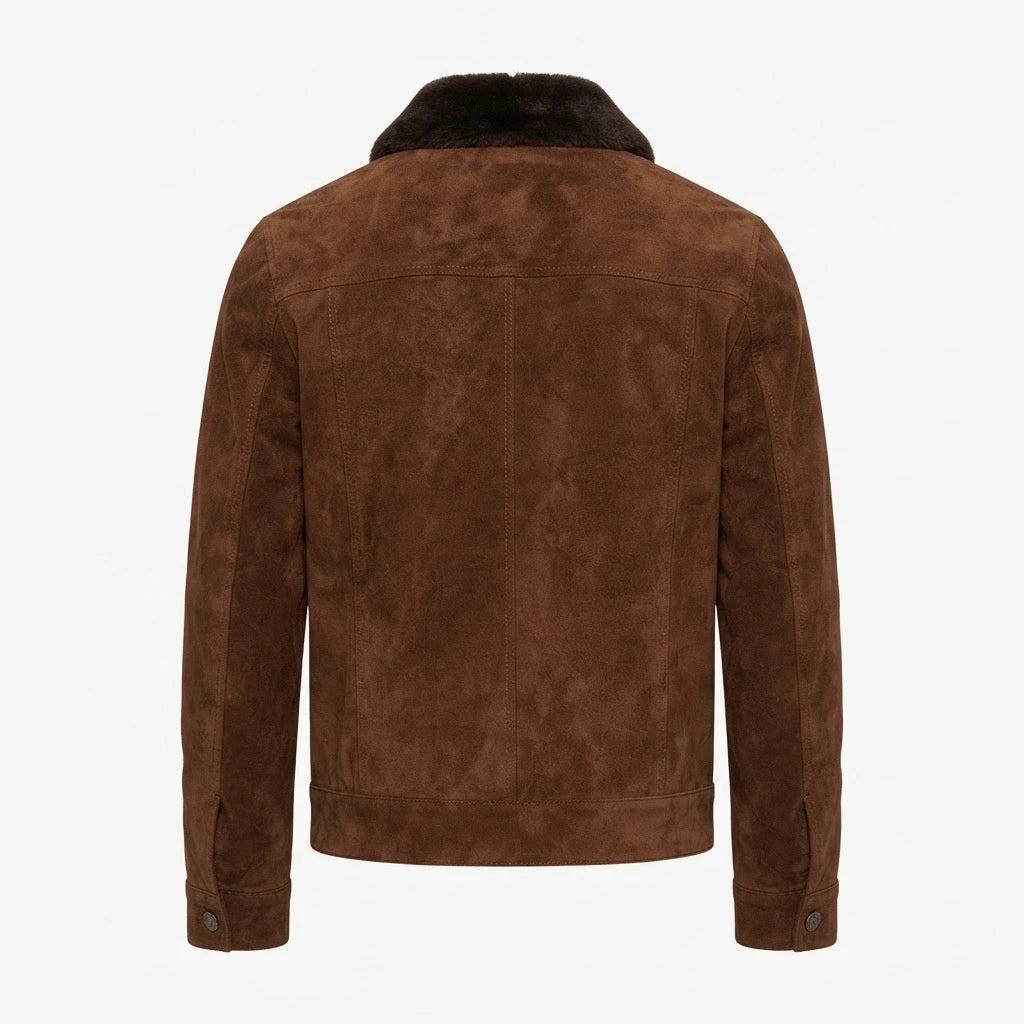 Brown Suede Shearling Trucker Jacket front view featuring genuine brown suede, contrast dark shearling collar, button front, and chest flap pockets