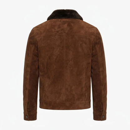 Brown Suede Shearling Trucker Jacket front view featuring genuine brown suede, contrast dark shearling collar, button front, and chest flap pockets