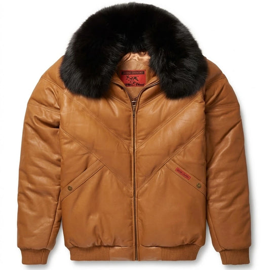 Elephant Print V-Bomber Leather Jacket with removable brown fur collar 
