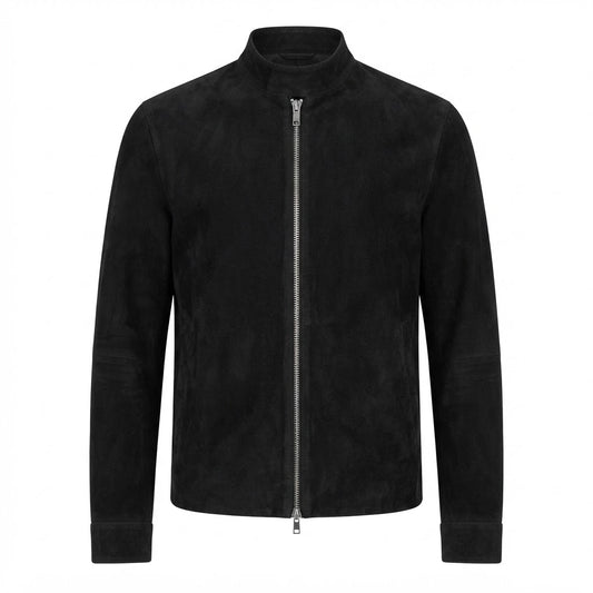 Charcoal Black Suede Biker Jacket front view featuring genuine charcoal black suede, stand collar, two-way full zipper, and welt pockets