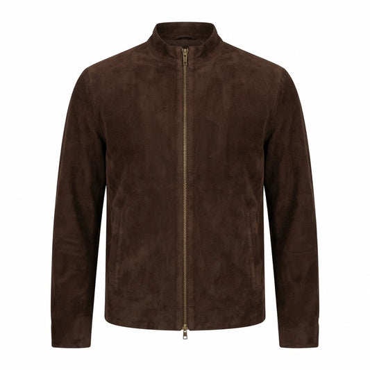 Charcoal Mocha Suede Biker Jacket front view featuring genuine mocha brown suede, stand collar, dual-pull full zipper, and clean welt pockets   