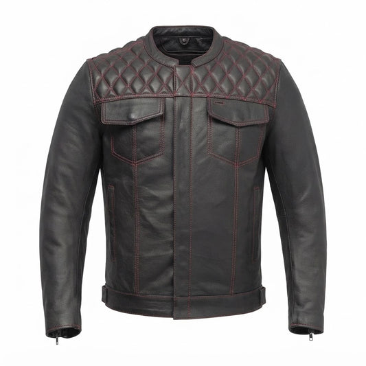 Cinder Men’s Cafe Racer Leather Jacket front view featuring distressed finish, diamond quilted shoulders, and red contrast stitching