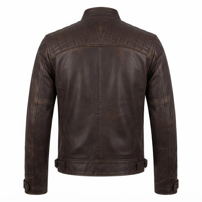 Claude Quilted Distressed Brown Leather Jacket front view featuring genuine distressed brown leather, mandarin snap collar, quilted shoulders, and zip pockets