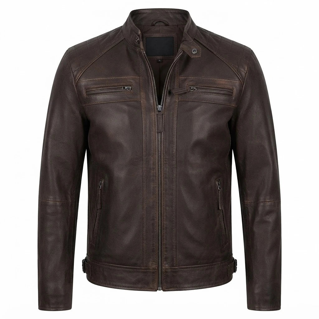 Claude Quilted Distressed Brown Leather Jacket front view featuring genuine distressed brown leather, mandarin snap collar, quilted shoulders, and zip pockets