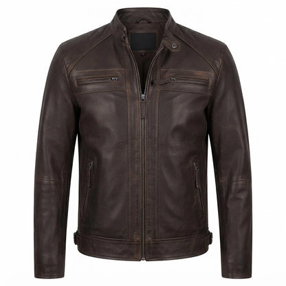 Claude Quilted Distressed Brown Leather Jacket front view featuring genuine distressed brown leather, mandarin snap collar, quilted shoulders, and zip pockets