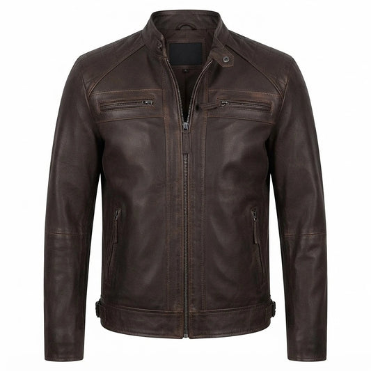 Claude Quilted Distressed Brown Leather Jacket front view featuring genuine distressed brown leather, mandarin snap collar, quilted shoulders, and zip pockets