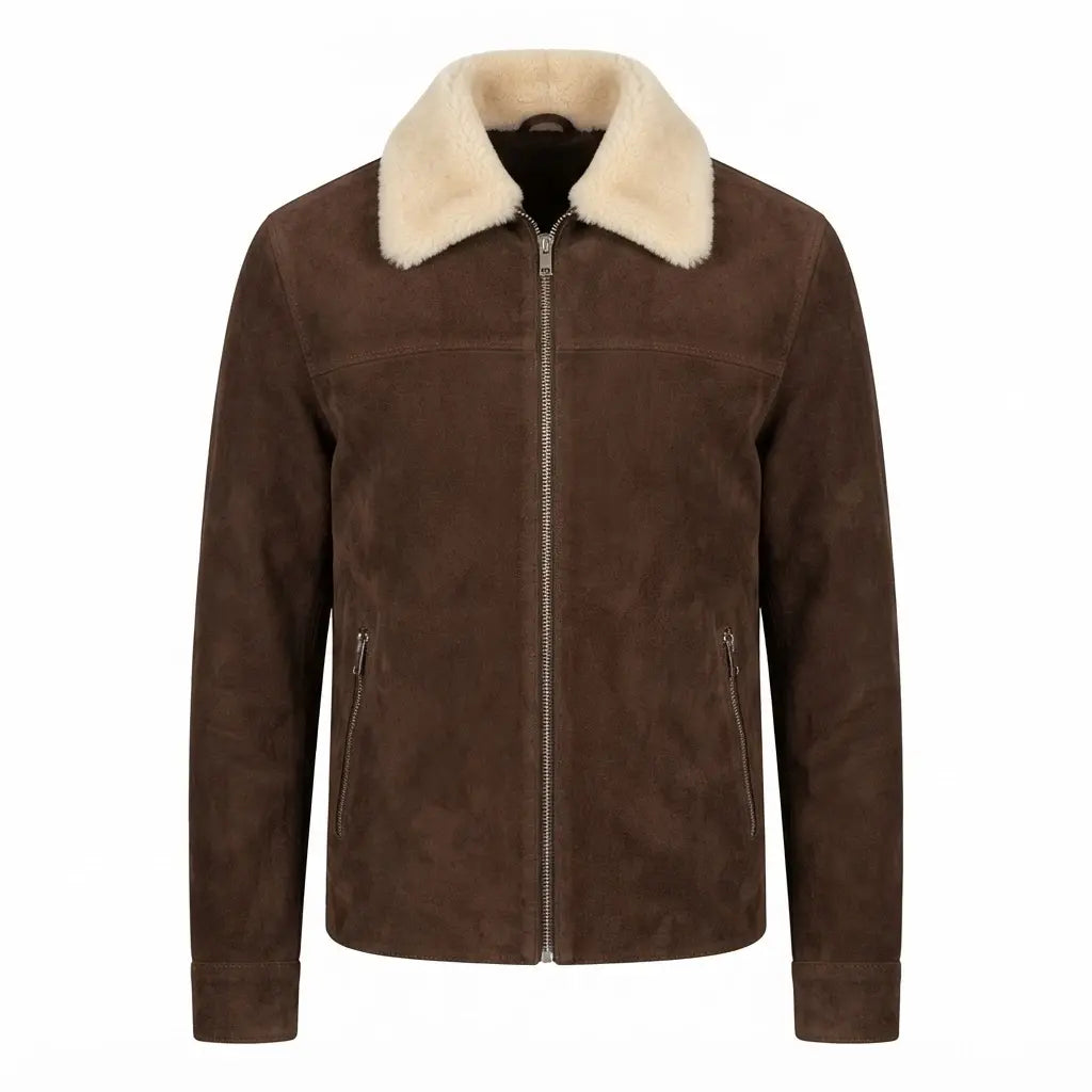 Coffner Brown Shearling Fur Jacket front view featuring genuine brown suede, contrast cream shearling collar, full zipper, and side zip pockets   
