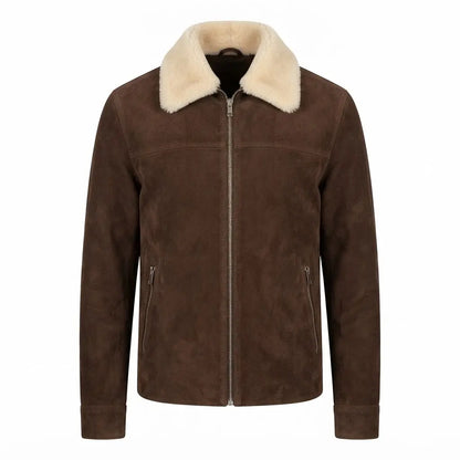 Coffner Brown Shearling Fur Jacket front view featuring genuine brown suede, contrast cream shearling collar, full zipper, and side zip pockets   