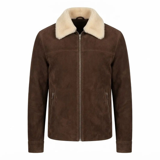 Coffner Brown Shearling Fur Jacket front view featuring genuine brown suede, contrast cream shearling collar, full zipper, and side zip pockets   