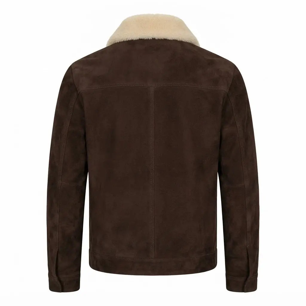 Coffner Brown Shearling Fur Jacket front view featuring genuine brown suede, contrast cream shearling collar, full zipper, and side zip pockets   
