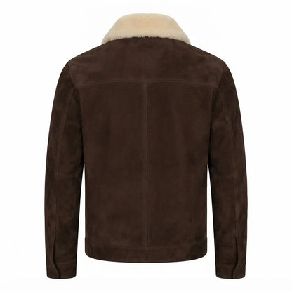 Coffner Brown Shearling Fur Jacket front view featuring genuine brown suede, contrast cream shearling collar, full zipper, and side zip pockets   