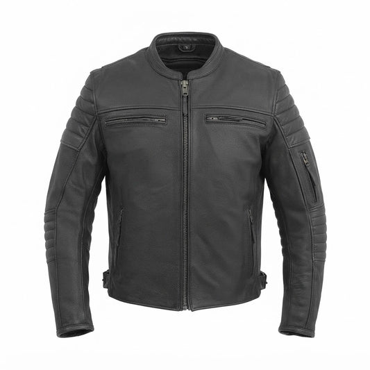 Commuter Men’s Motorcycle Leather Jacket front view featuring mandarin collar, quilted shoulder panels, and central metal zipper