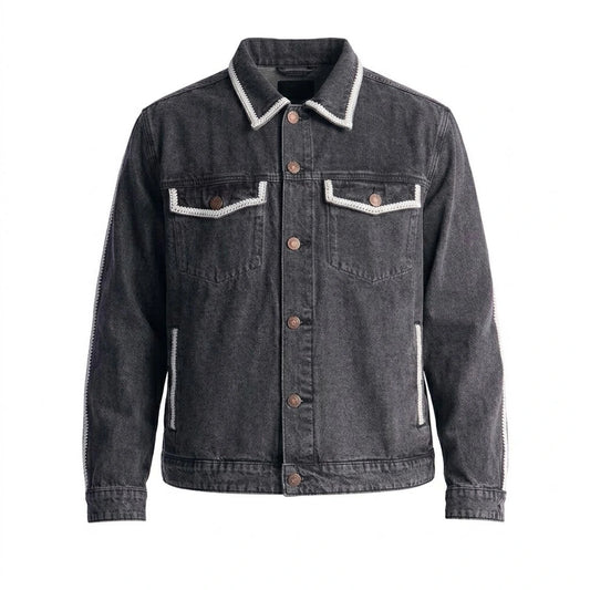 Crochet Denim Trucker Jacket front view featuring washed black cotton denim, contrast white crochet trim, button front, and chest pockets   