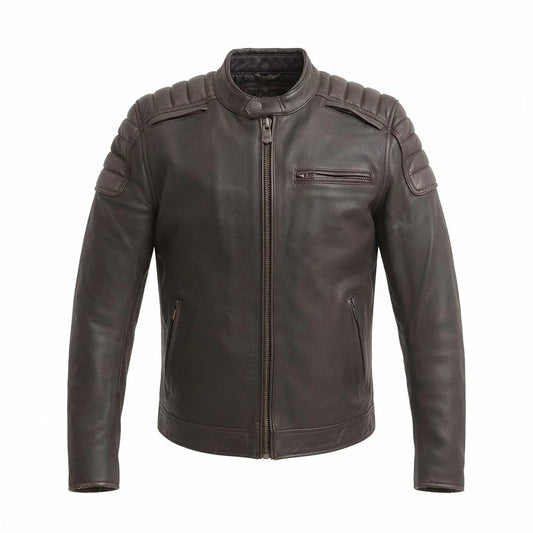 Crusader Men’s Motorcycle Leather Jacket front view featuring distressed brown finish, mandarin collar, and quilted shoulder panels