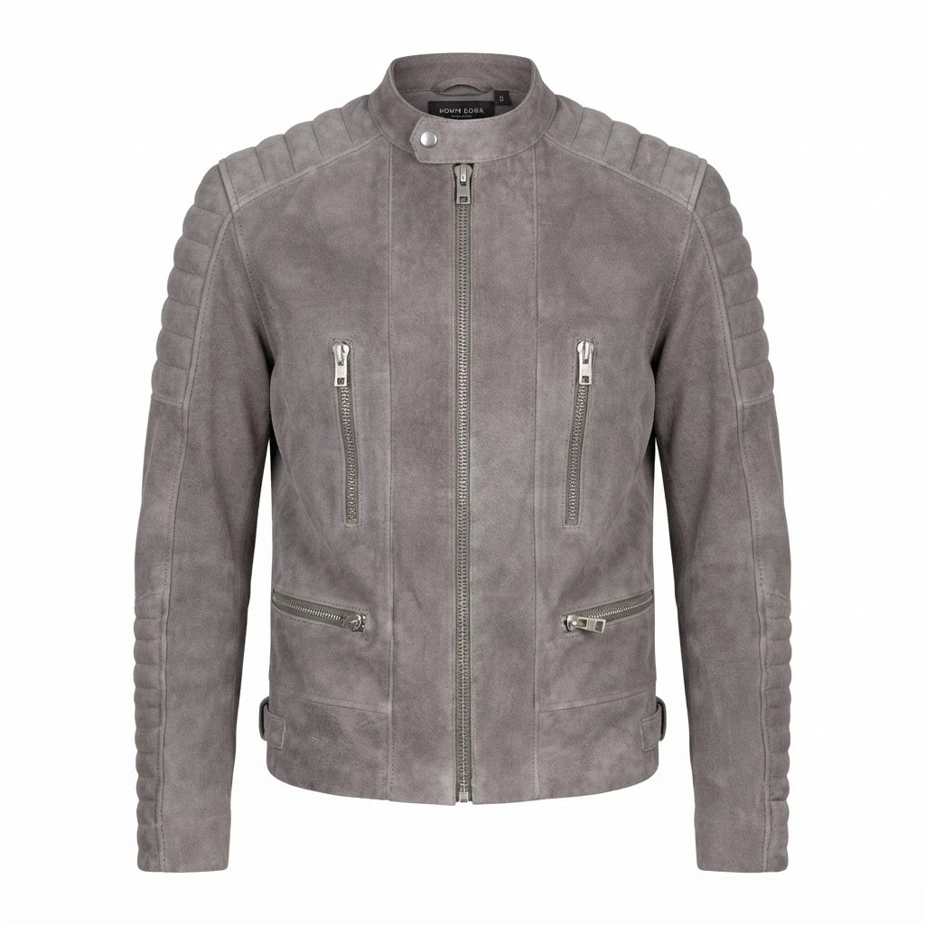 Damian Grey Suede Biker Jacket front view featuring genuine grey suede, quilted shoulders, stand collar, and zipped pockets 