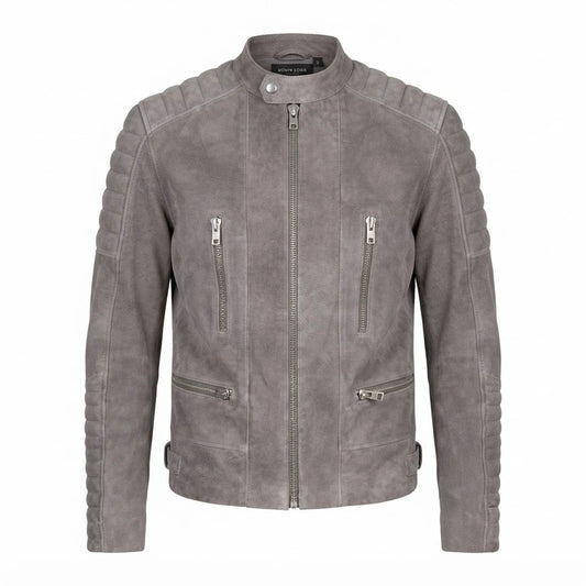Damian Grey Suede Biker Jacket front view featuring genuine grey suede, quilted shoulders, stand collar, and zipped pockets 