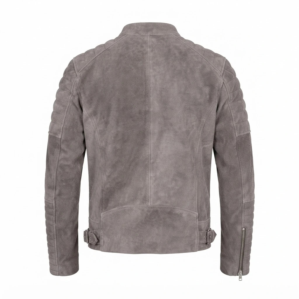 Damian Grey Suede Biker Jacket front view featuring genuine grey suede, quilted shoulders, stand collar, and zipped pockets 