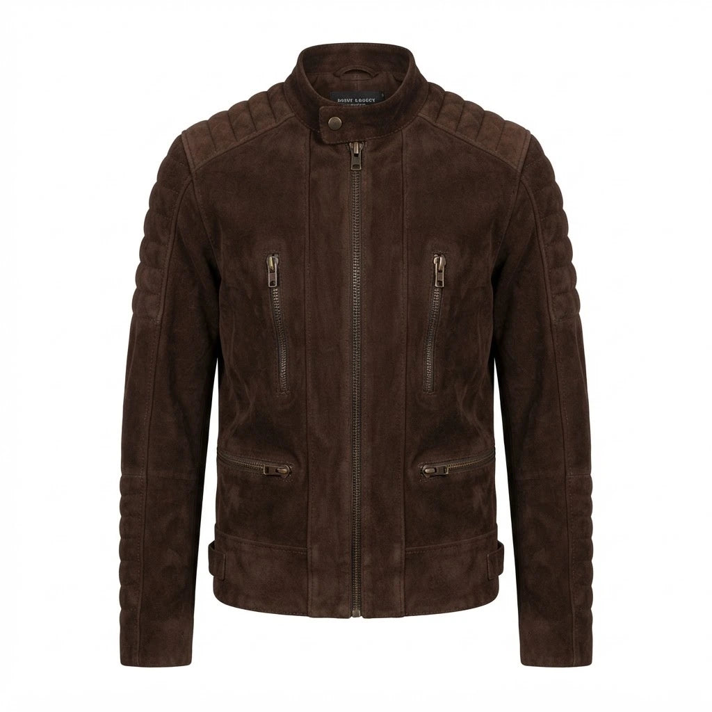 Damian Mocha Suede Biker Jacket front view featuring genuine mocha brown suede, quilted shoulders, stand collar, and zipped pockets   