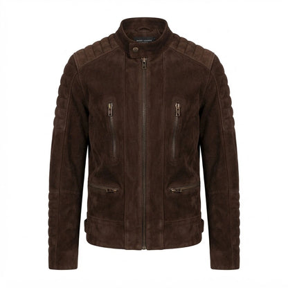 Damian Mocha Suede Biker Jacket front view featuring genuine mocha brown suede, quilted shoulders, stand collar, and zipped pockets   