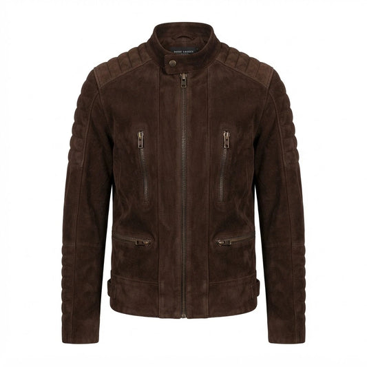 Damian Mocha Suede Biker Jacket front view featuring genuine mocha brown suede, quilted shoulders, stand collar, and zipped pockets   