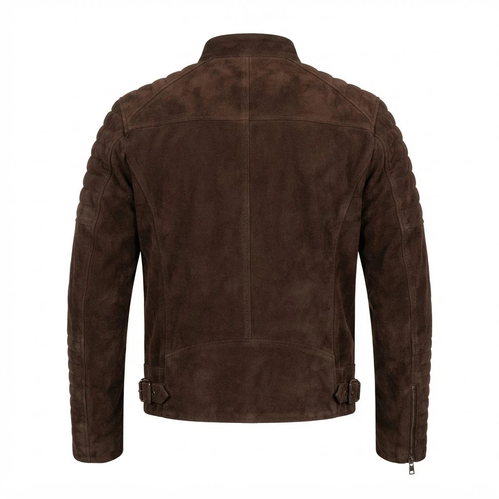 Damian Mocha Suede Biker Jacket front view featuring genuine mocha brown suede, quilted shoulders, stand collar, and zipped pockets   