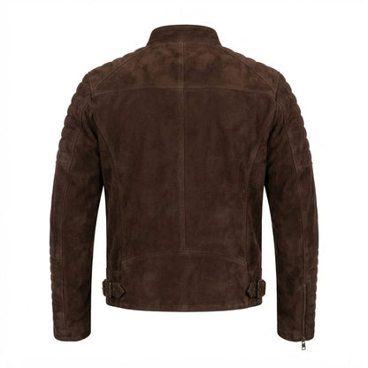 Damian Mocha Suede Biker Jacket front view featuring genuine mocha brown suede, quilted shoulders, stand collar, and zipped pockets   