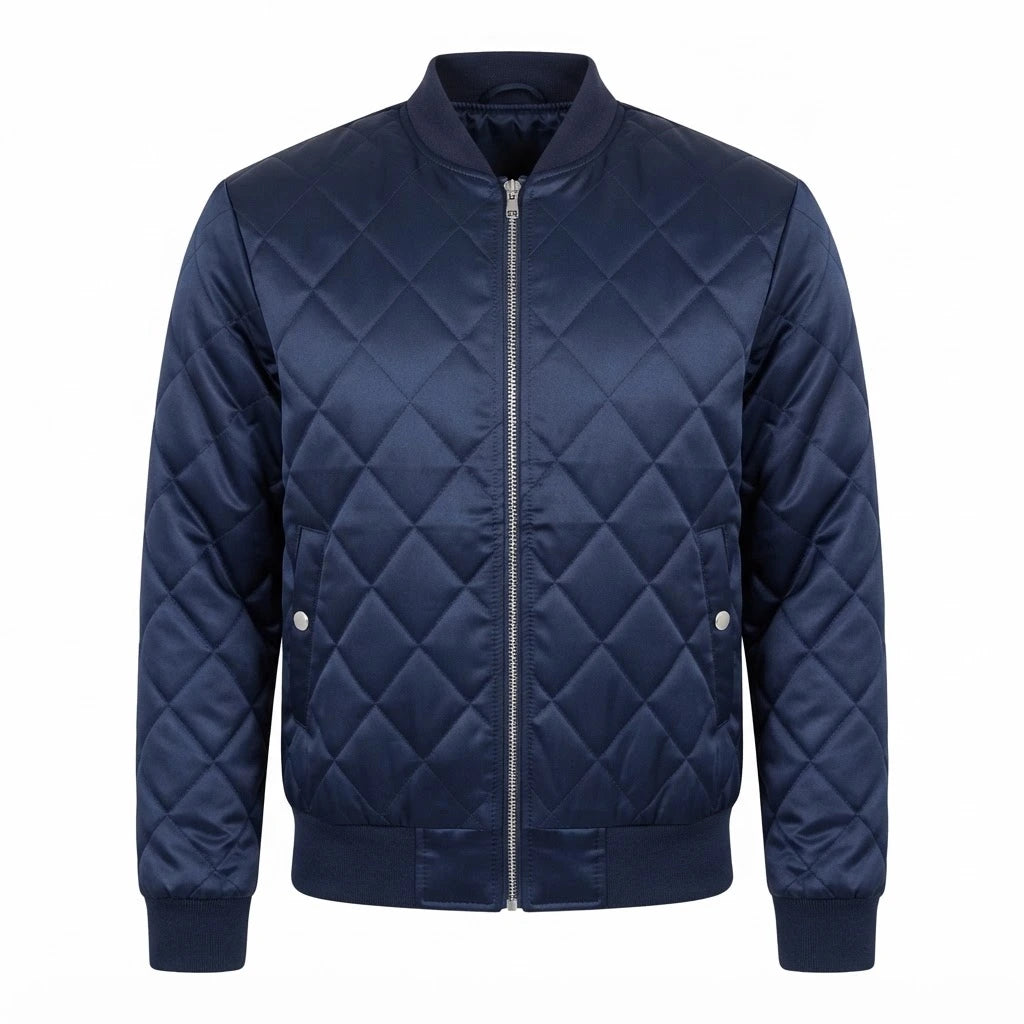 Danson Quilted Blue Varsity Jacket front view featuring royal blue satin fabric, diamond quilting, full zip closure, and ribbed trim   