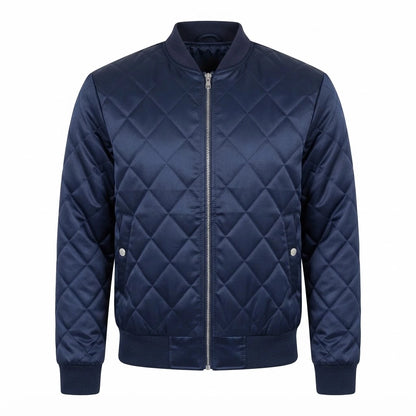 Danson Quilted Blue Varsity Jacket front view featuring royal blue satin fabric, diamond quilting, full zip closure, and ribbed trim   