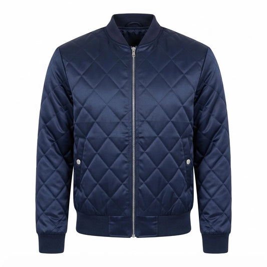 Danson Quilted Blue Varsity Jacket front view featuring royal blue satin fabric, diamond quilting, full zip closure, and ribbed trim   