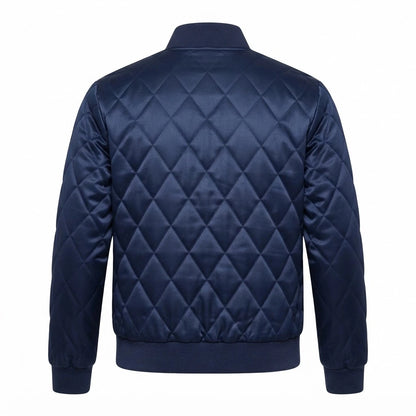 Danson Quilted Blue Varsity Jacket front view featuring royal blue satin fabric, diamond quilting, full zip closure, and ribbed trim   