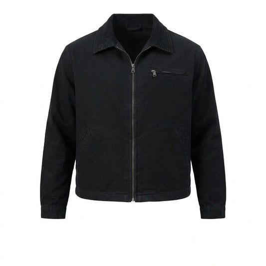 Distressed Zip Denim Jacket front view featuring washed black denim canvas, corduroy collar, metal zip closure, and zippered chest pocket   