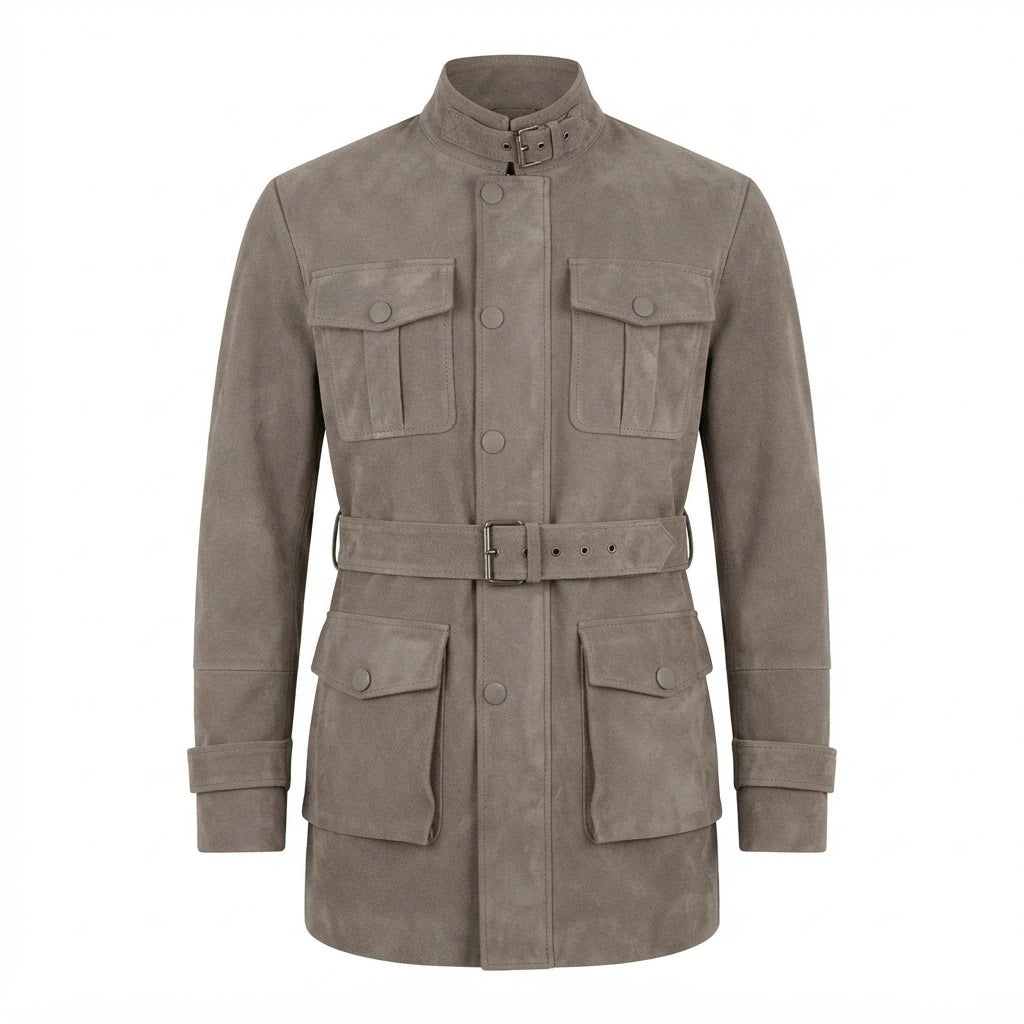 Dolf Grey Suede Jacket front view featuring genuine grey suede, stand collar with buckle, multi-pocket utility design, and waist belt