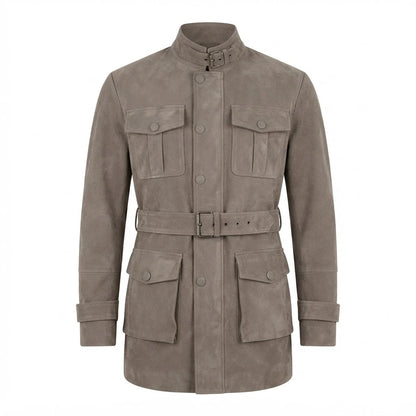 Dolf Grey Suede Jacket front view featuring genuine grey suede, stand collar with buckle, multi-pocket utility design, and waist belt