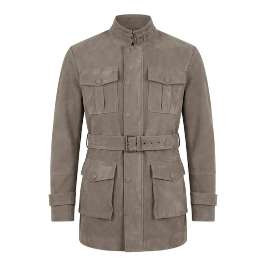 Dolf Grey Suede Jacket front view featuring genuine grey suede, stand collar with buckle, multi-pocket utility design, and waist belt