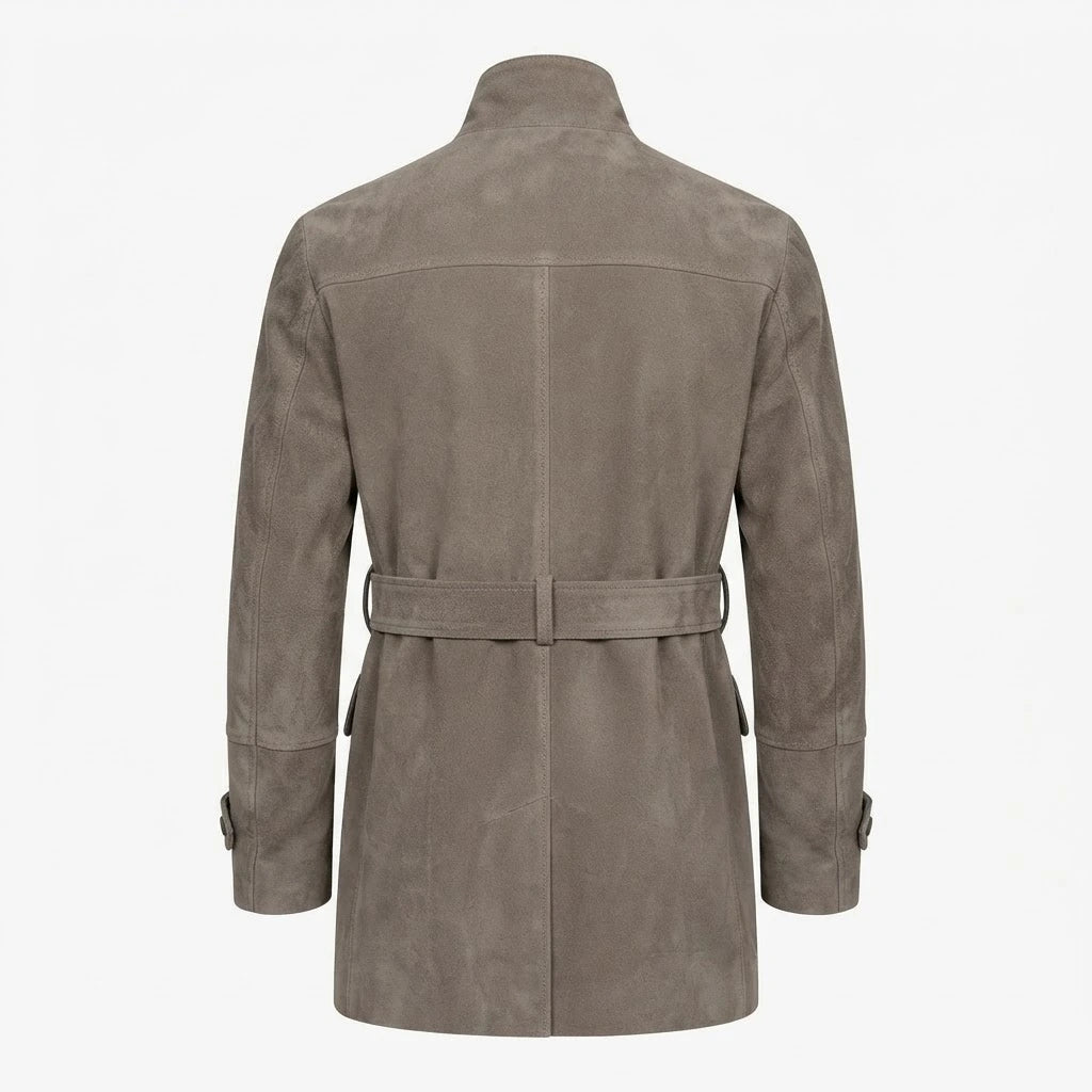 Dolf Grey Suede Jacket front view featuring genuine grey suede, stand collar with buckle, multi-pocket utility design, and waist belt