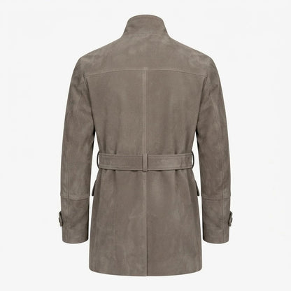 Dolf Grey Suede Jacket front view featuring genuine grey suede, stand collar with buckle, multi-pocket utility design, and waist belt