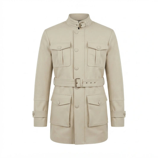 Dolf Off-White Suede Jacket front view featuring genuine off-white suede, buckle collar, button front, multiple utility pockets, and waist belt   