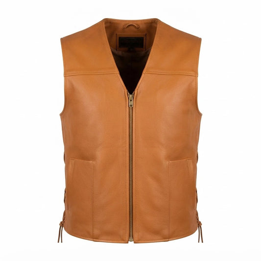 Brandon Tan Brown Leather Vest front view featuring rich tan genuine leather, V-neck cut, front zipper, and side lace-up details