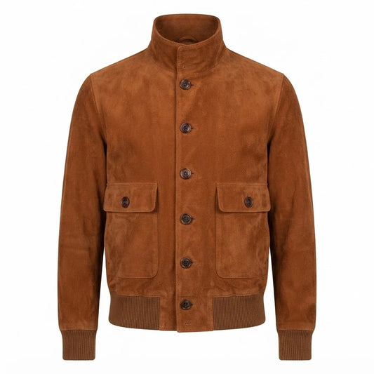 Eaton Brown Suede Bomber Jacket front view featuring genuine brown suede, high stand collar, button front, dual flap pockets, and ribbed hem