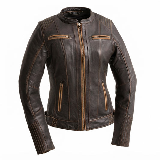 Electra women's leather motorcycle jacket front view showing distressed brown leather, contrast tan piping, and mandarin collar.