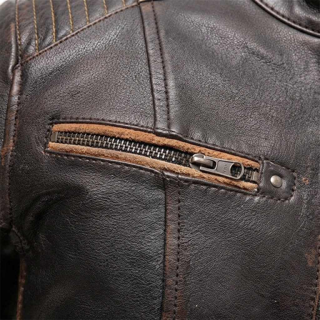Electra women's leather motorcycle jacket front view showing distressed brown leather, contrast tan piping, and mandarin collar.